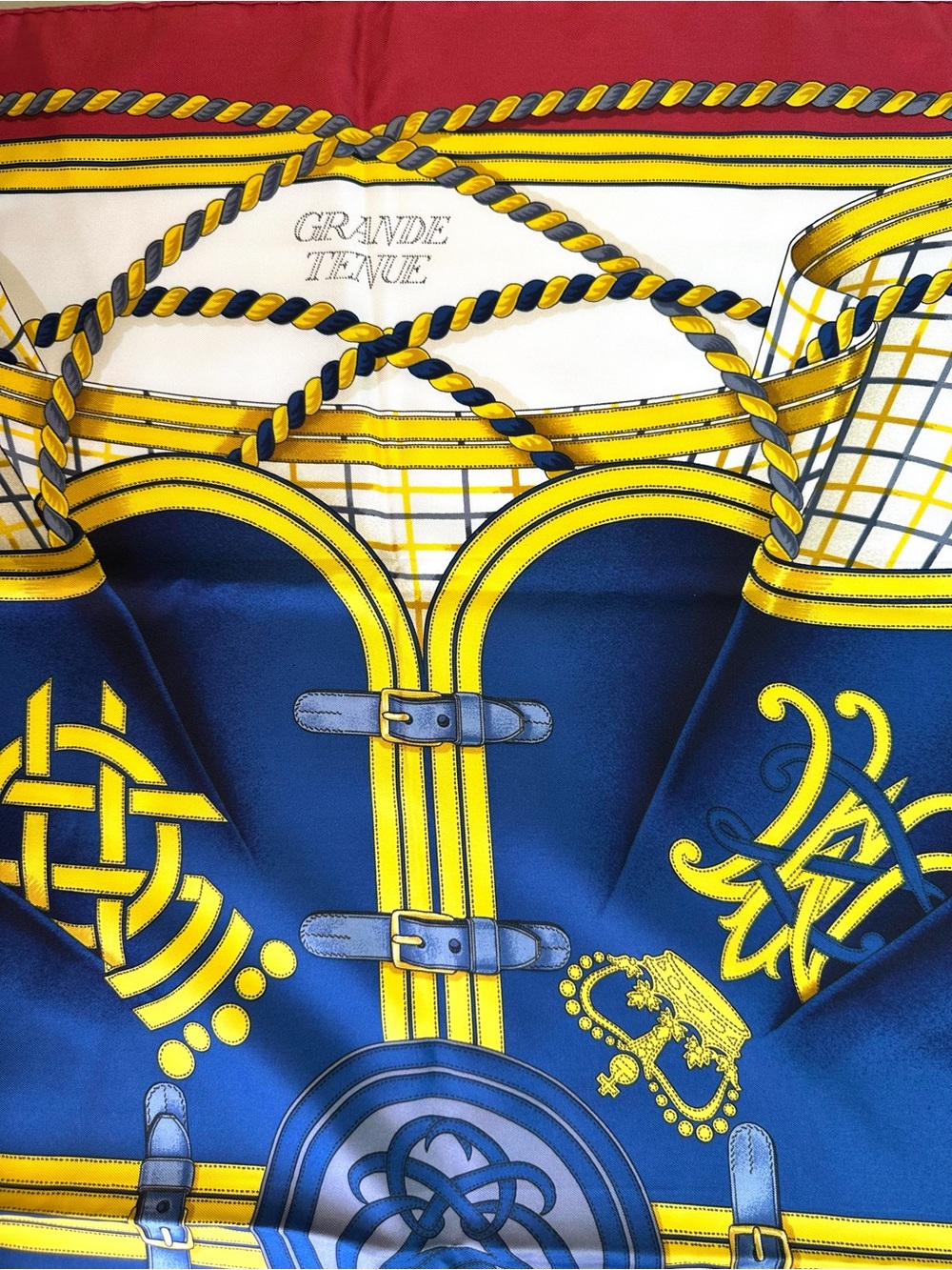 Hermes “Grande Tenue” silk twill scarf by Henri d’Origny Royal Blue & Red France - Picture 6 of 11